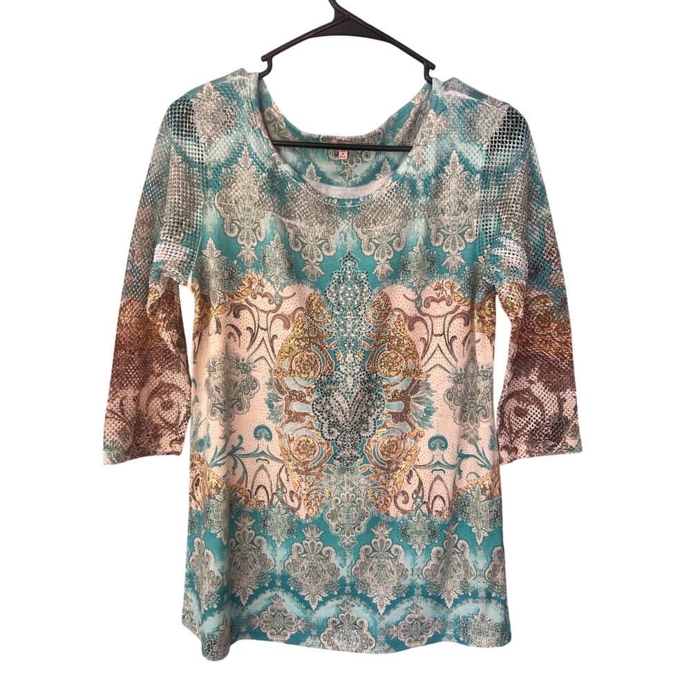 Reba embellished rhinestone  mesh sleeves top blouse teal tan women's medium